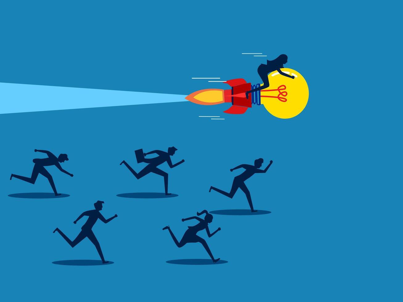 Competitive advantage. Businesswoman flying with light bulb wins business competition vector