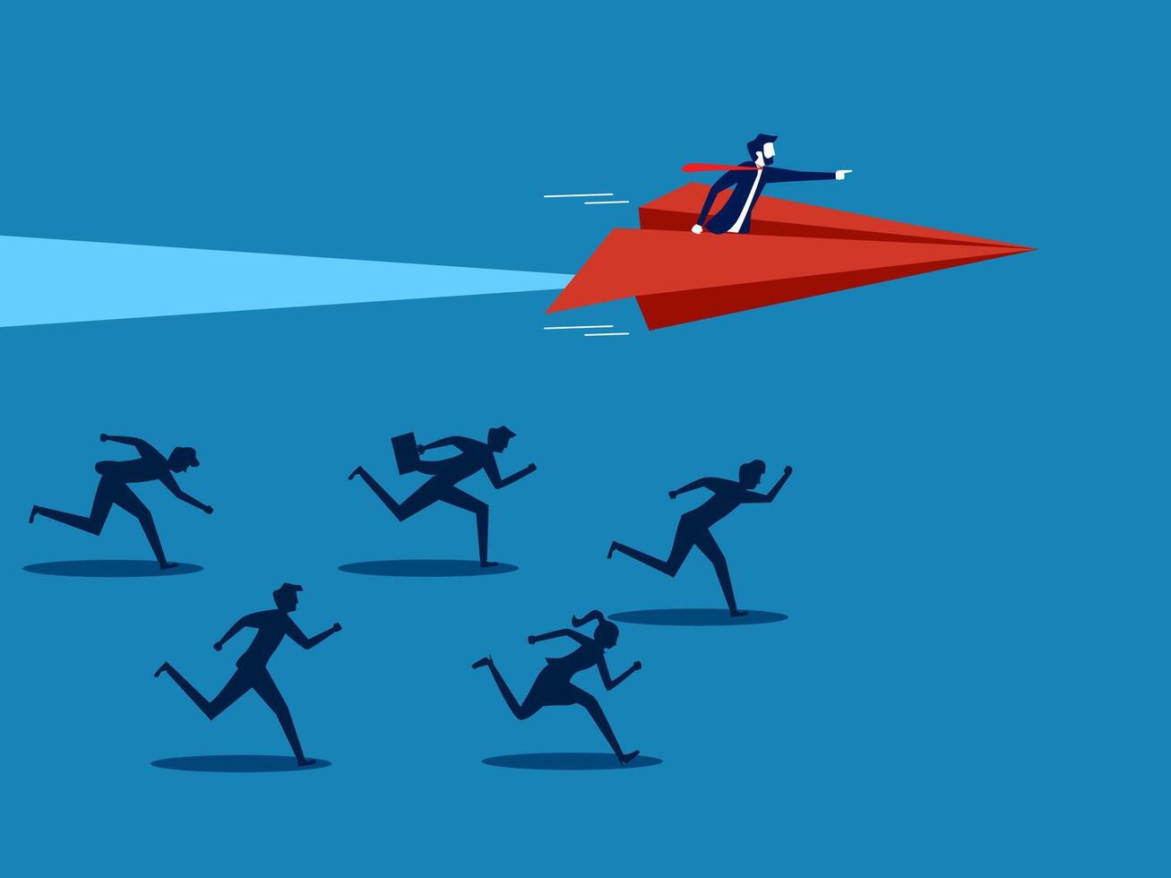 Competitor advantage. Businessman flying with paper airplane wins business competition vector