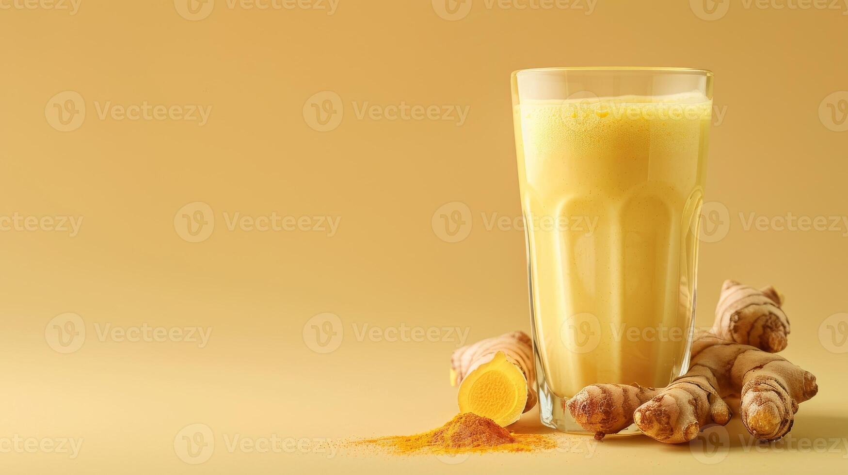 Golden Turmeric Milk and Fresh Root Presentation photo