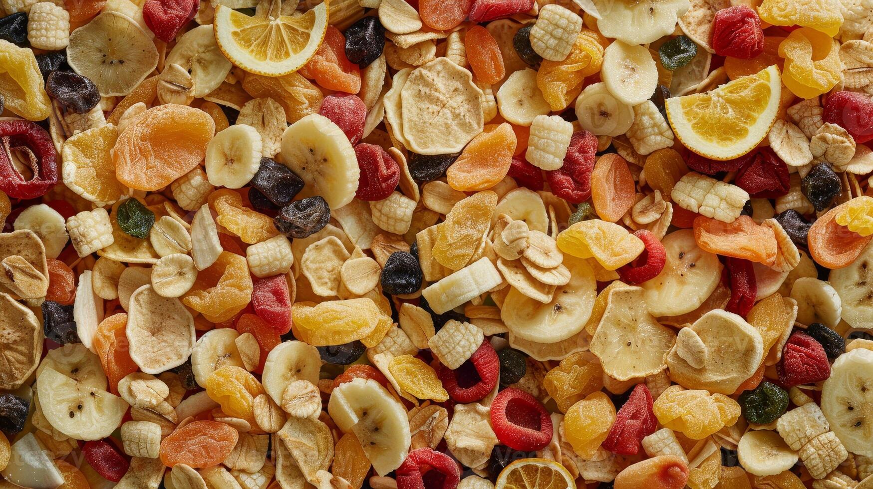 Fruit Cereal Scattered on Tabletop photo