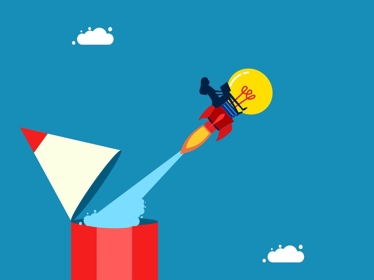 Knowledge and imagination. woman drives a rocket light bulb out of pencil vector