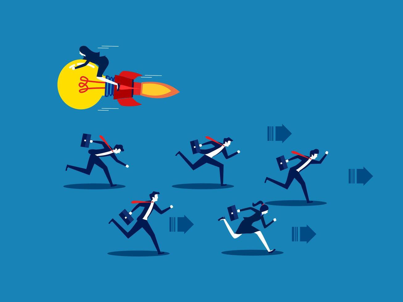 creative and different. Businesswoman flying with light bulb flying in opposite direction to competitor vector