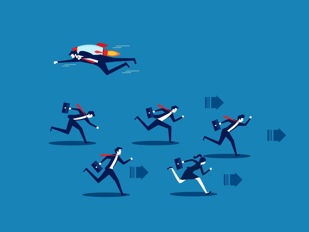 Game changer. Businessman flying a rocket in a different direction from other competitors vector