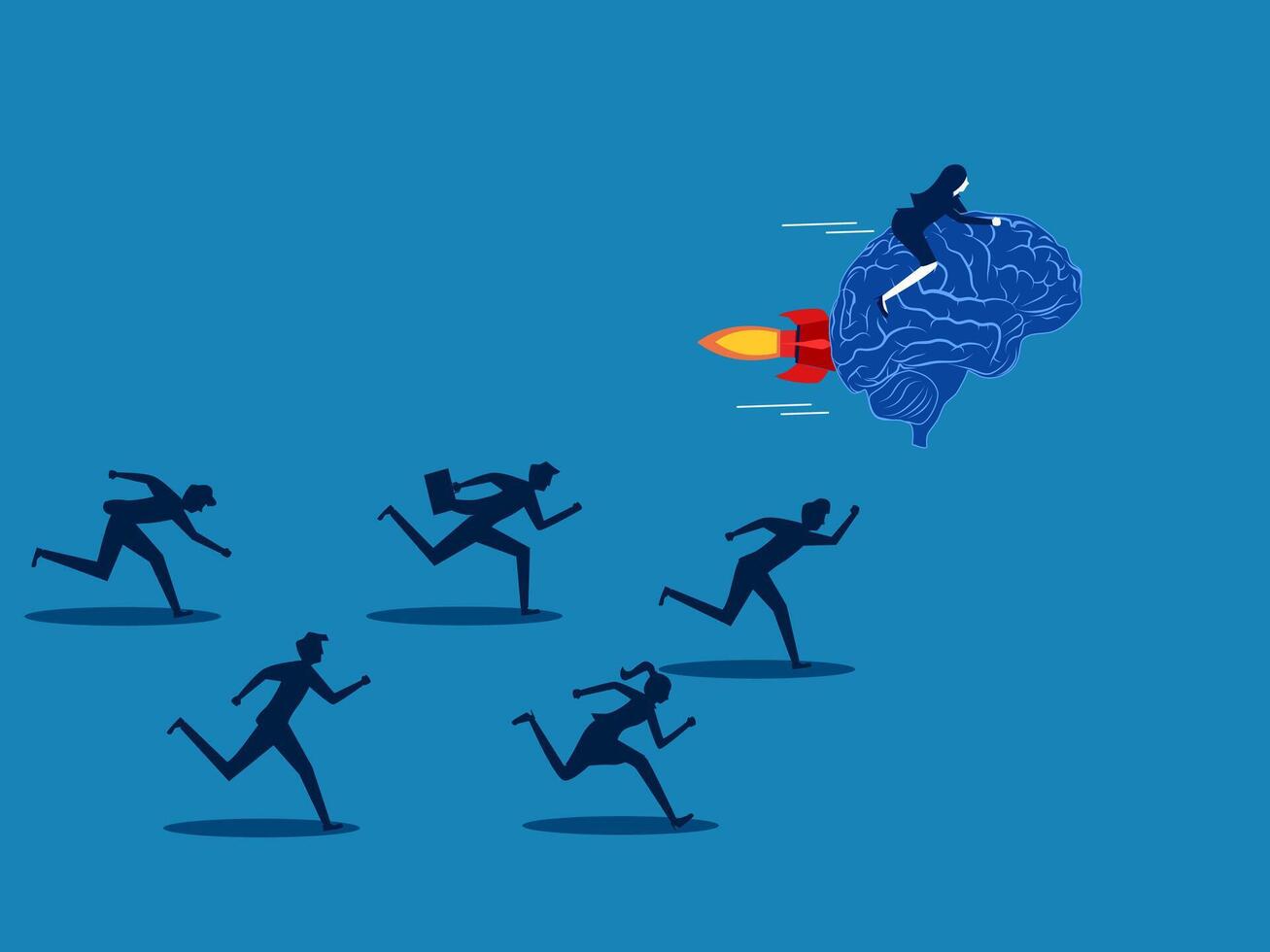 Creativity wins. Businesswoman flying with brain wins business competition vector