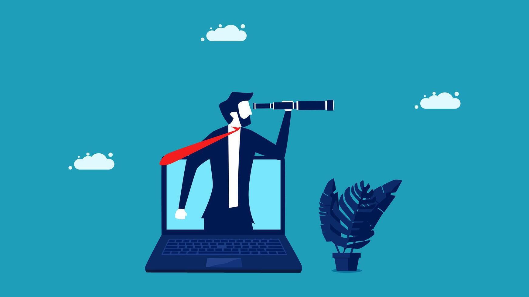 businessman looking through binoculars on laptop computer vector