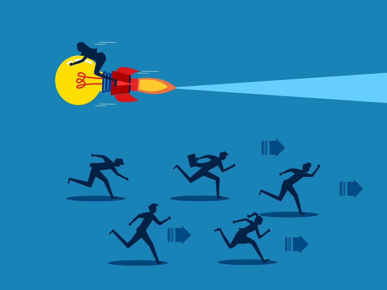 Businesswoman flying with light bulb flying in opposite direction to competitor vector