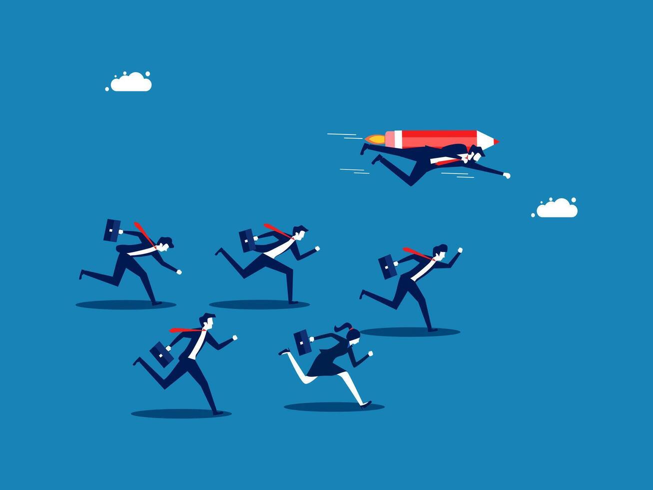 Superior knowledge. Businessman flies with a rocket pencil over the crowd vector
