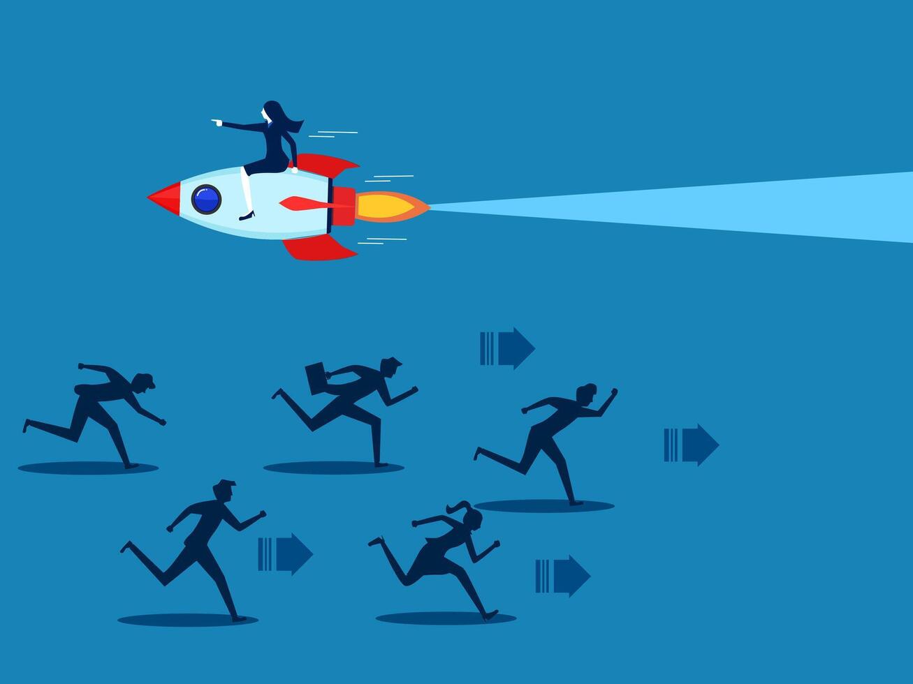 Win the business competition. Businesswoman flying a rocket in a different direction from other competitors vector