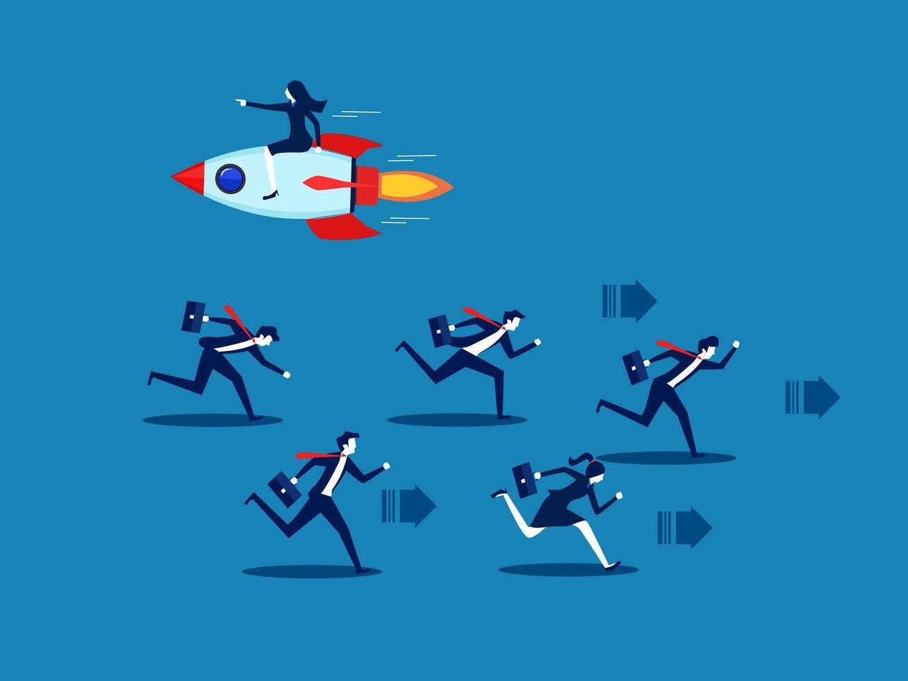 Creativity is an advantage. Businesswoman flying a rocket in a different direction from other competitors vector