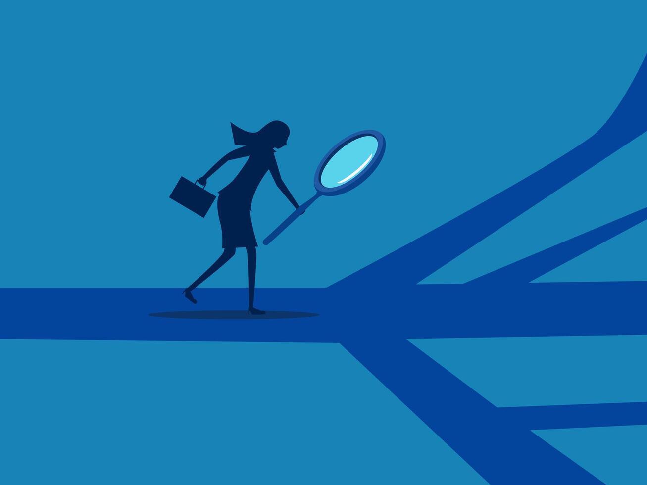 Analyze to make decisions. Businesswoman analyzes walking path with magnifying glass vector