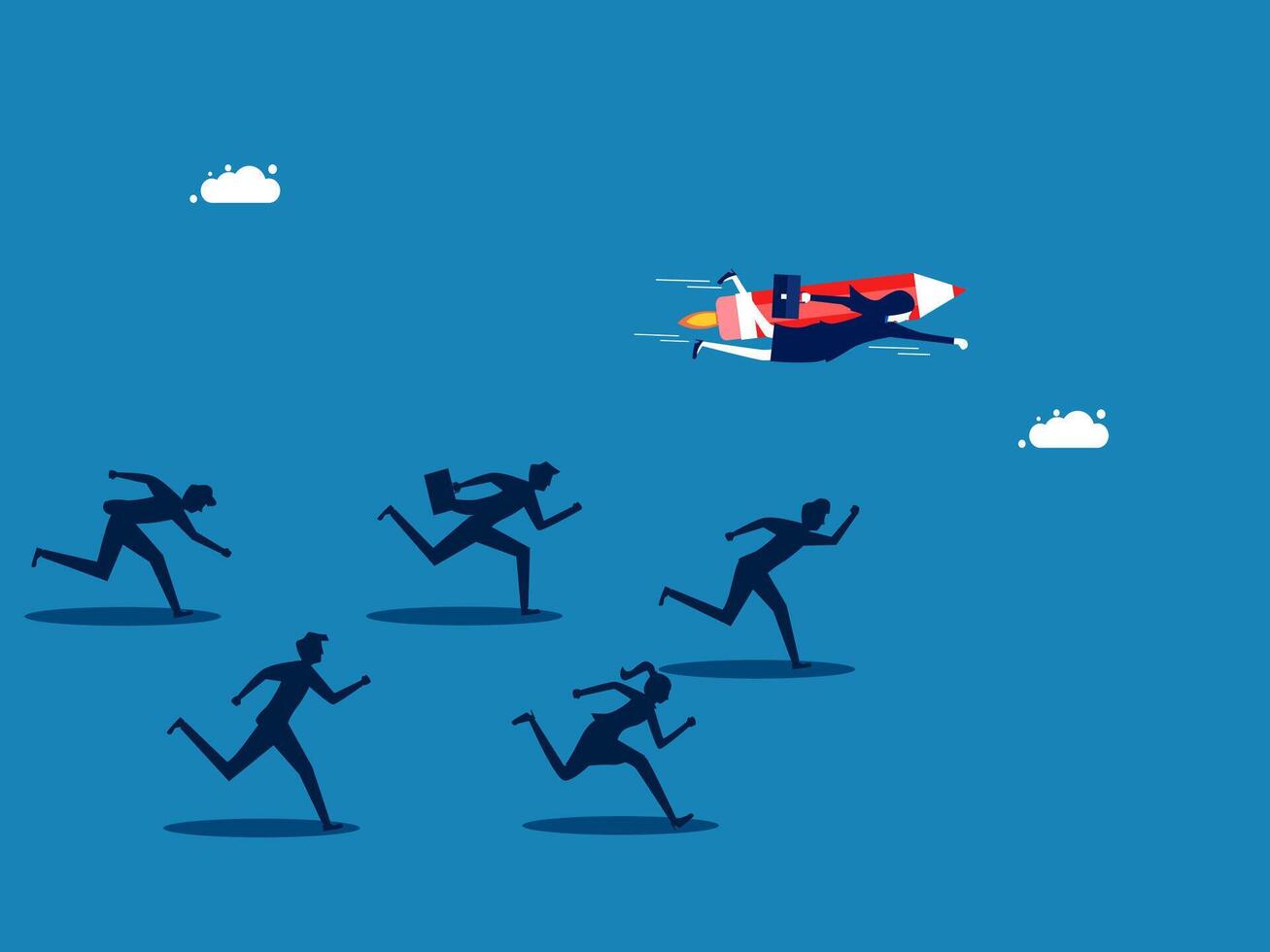 Knowledge advantage. Businesswoman flies with a rocket pencil over the crowd vector