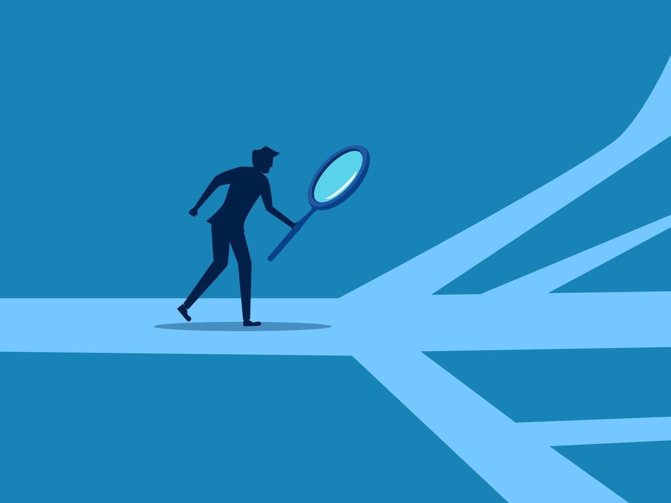 Find the path to success. Businessman analyzes walking path with magnifying glass vector