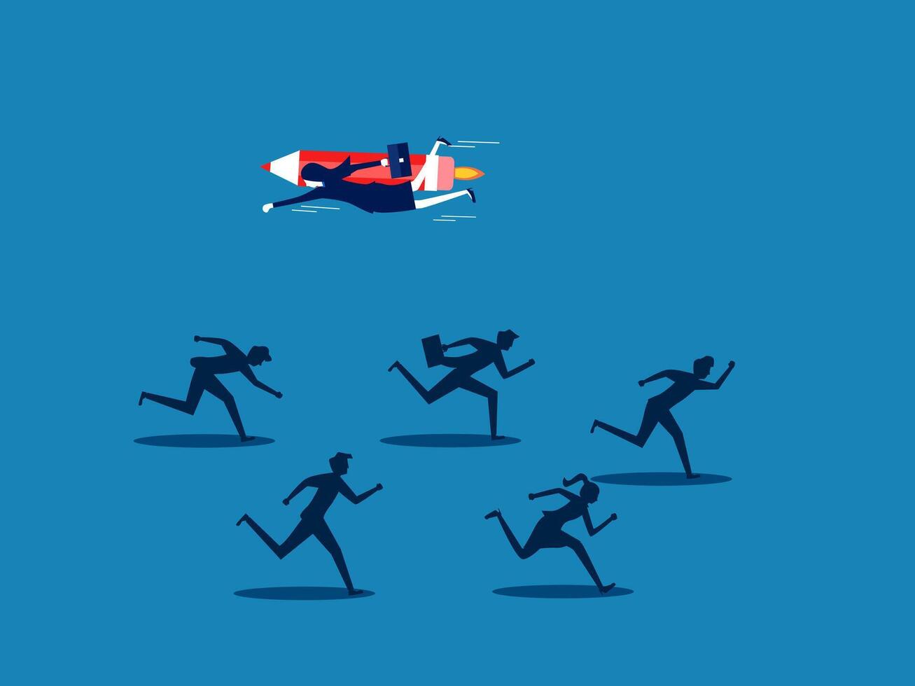 Think creatively and differently. Businessman flying with rocket pencil opposite others vector