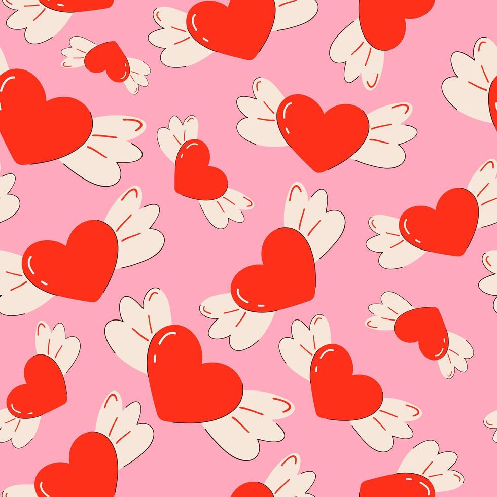 A collection of hearts of various sizes. Soft pink hue background. Hand drawn heart doodles with wings. Seamless pattern. Cute flying symbol Cupid. Love concept and St. Valentine's Day. vector