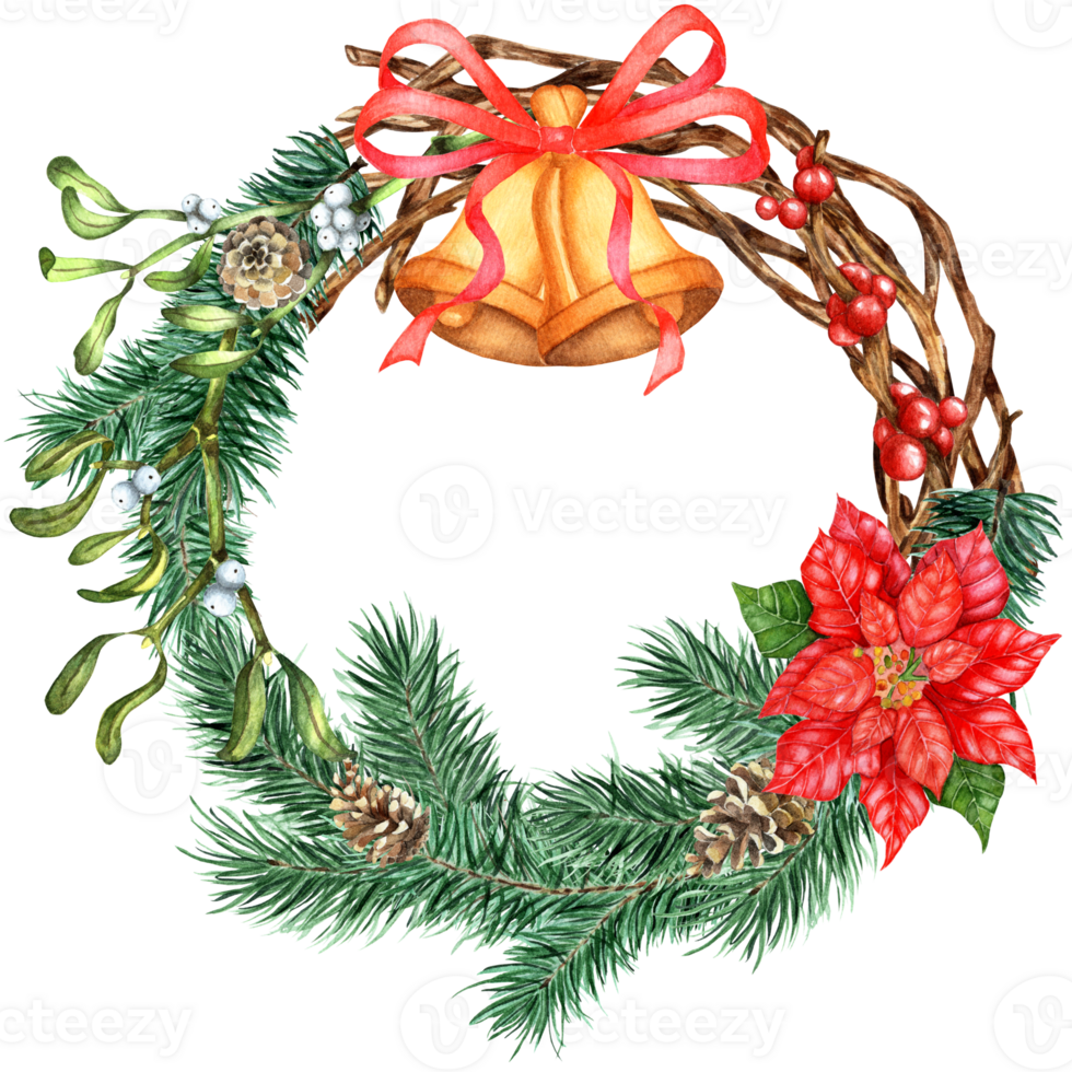 Christmas and New Year wreath. Wreath of Gossip of spruce, pine branches, mistletoe twigs, cones, poinsettia, bells with a red bow. Isolated. Drawn by hand. png