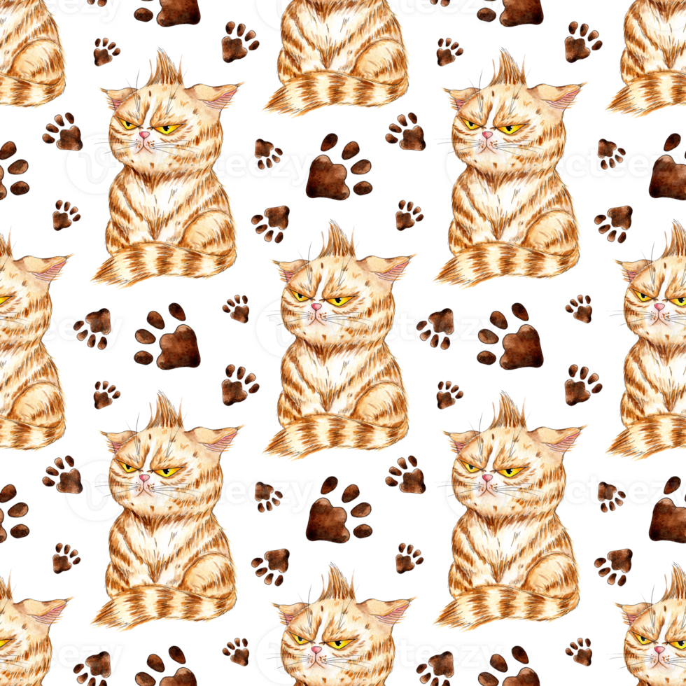 Watercolor painting pattern kitten and paw prints. Angry cat. Seamless repeating print for home decor or kids textiles. Isolated. Drawn by hand. png