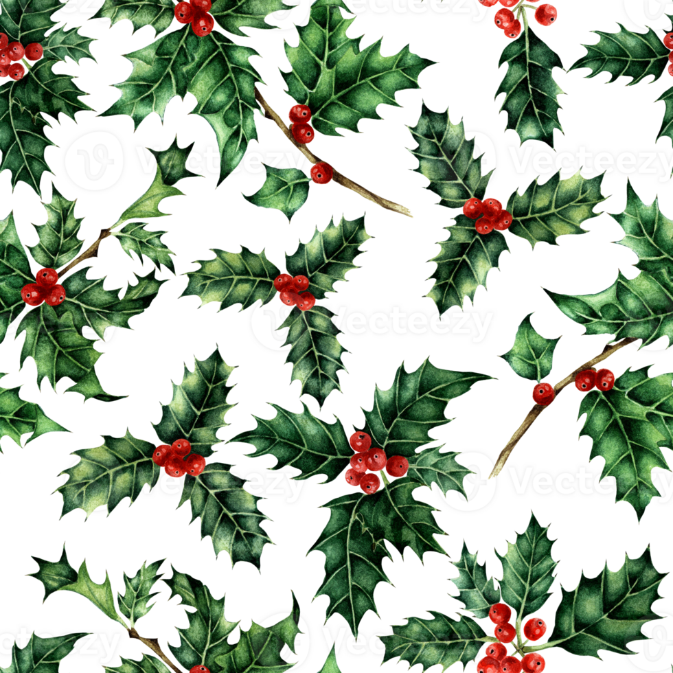 Holly seamless pattern. Watercolor holiday illustration green leaves and red berries. Christmas and New Year are isolated. Drawn by hand. png