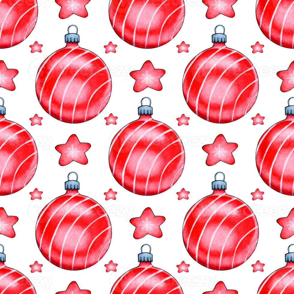 Watercolor painting of red Christmas balls and stars. Seamless repeating print New Year, Christmas for design. Isolated. Drawn by hand. png