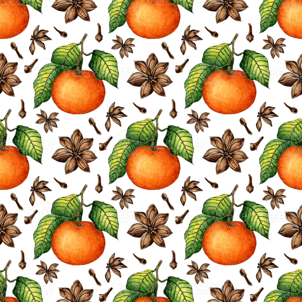 Watercolor painting pattern of ripe tangerines with green leaves and spices cinnamon, cloves. Seamless repeating juicy citrus print. Winter seasonal fruits. Vitamin food isolated. hand-drawn. png