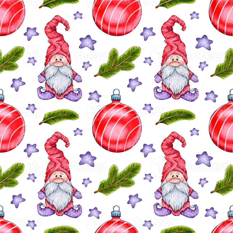 Watercolor painting pattern gnome, ball, fir branches and stars. Seamless repeating print Scandinavian fairy style for Christmas and New Year. Illustration for clothing, packaging, gifts, cards, png
