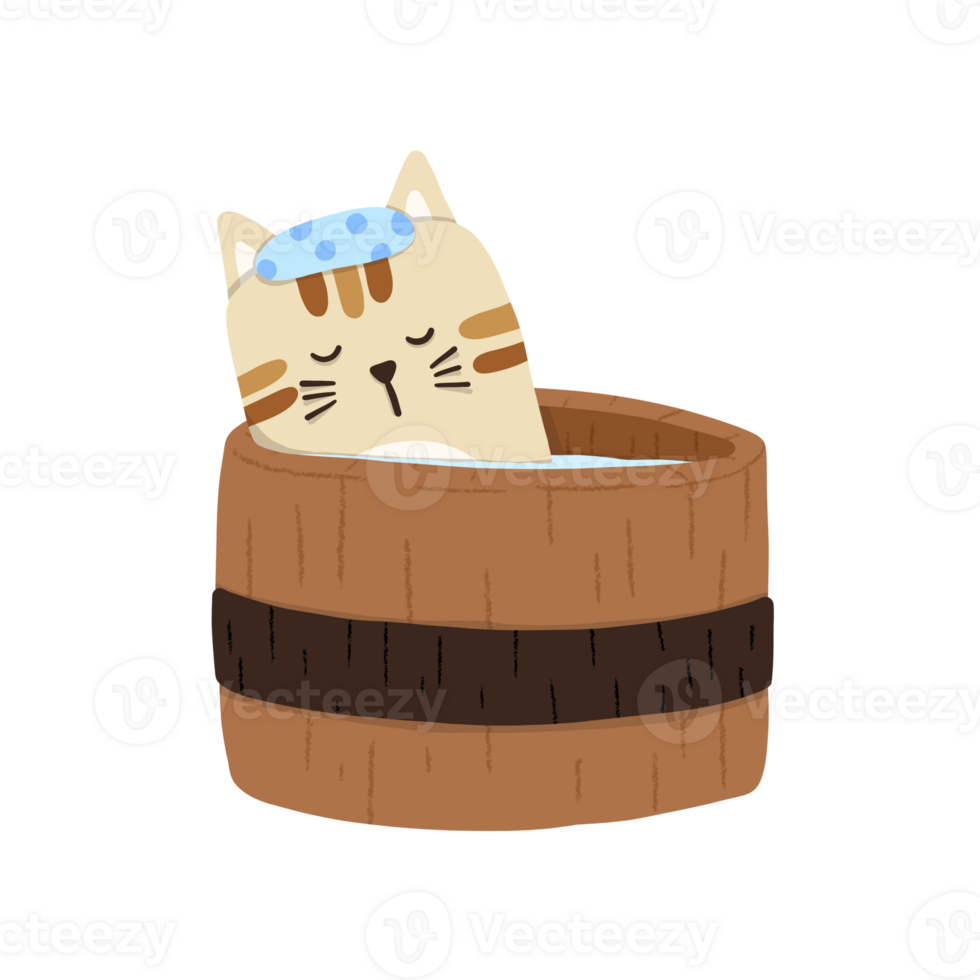 Illustration of a cream-colored cat bathing, playing in the water, spa. Cute cat cartoon image. Illustrations for graphics, various decorations png