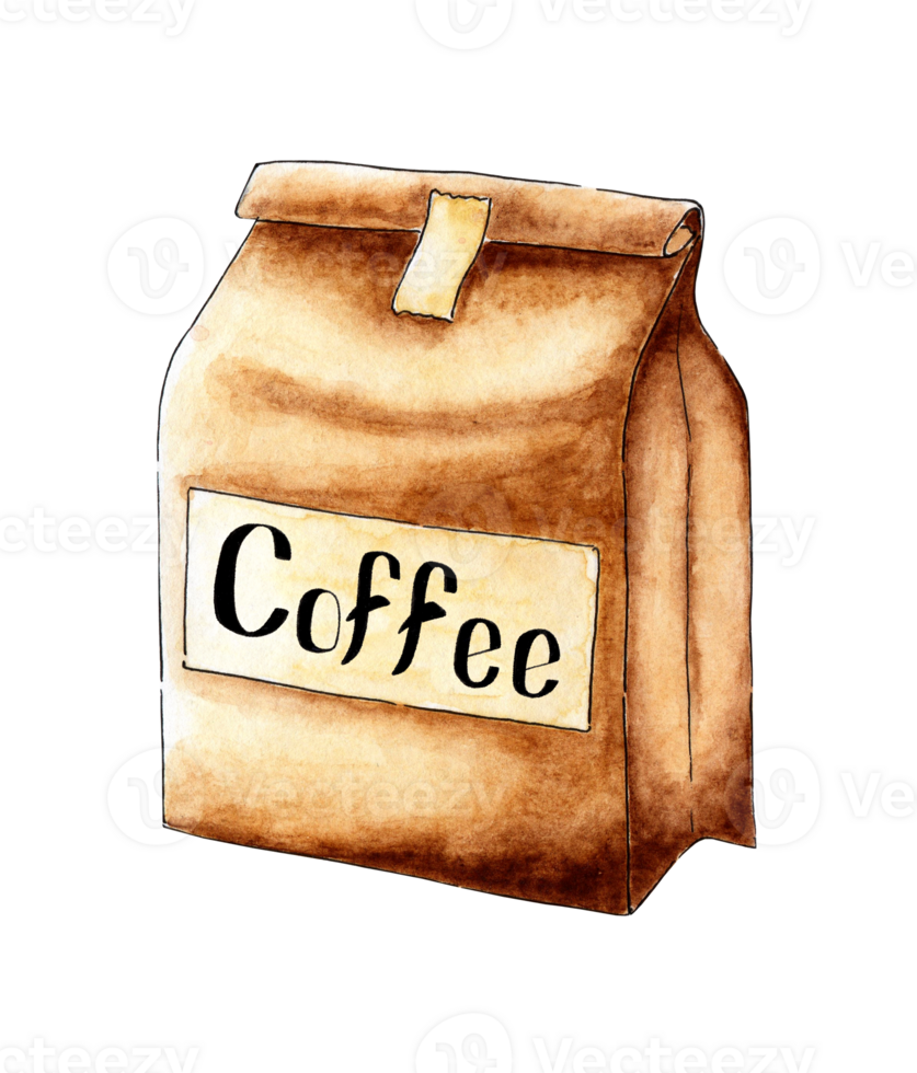 Watercolor painting kraft bag with coffee beans, eco-friendly and safe. Traditional packaging for coffee. Paper bag with coffee beans. Isolated. Drawn by hand. png