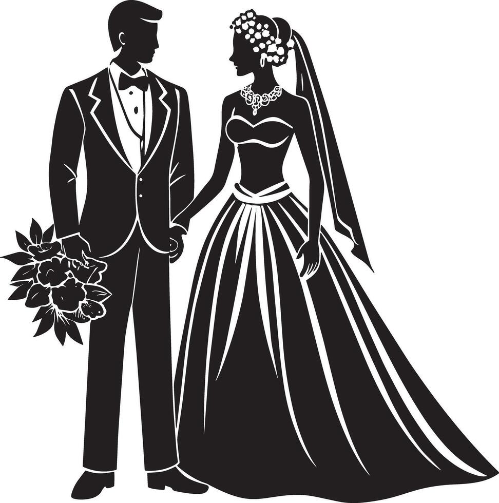 silhouette of bride and groom black and white illustration vector