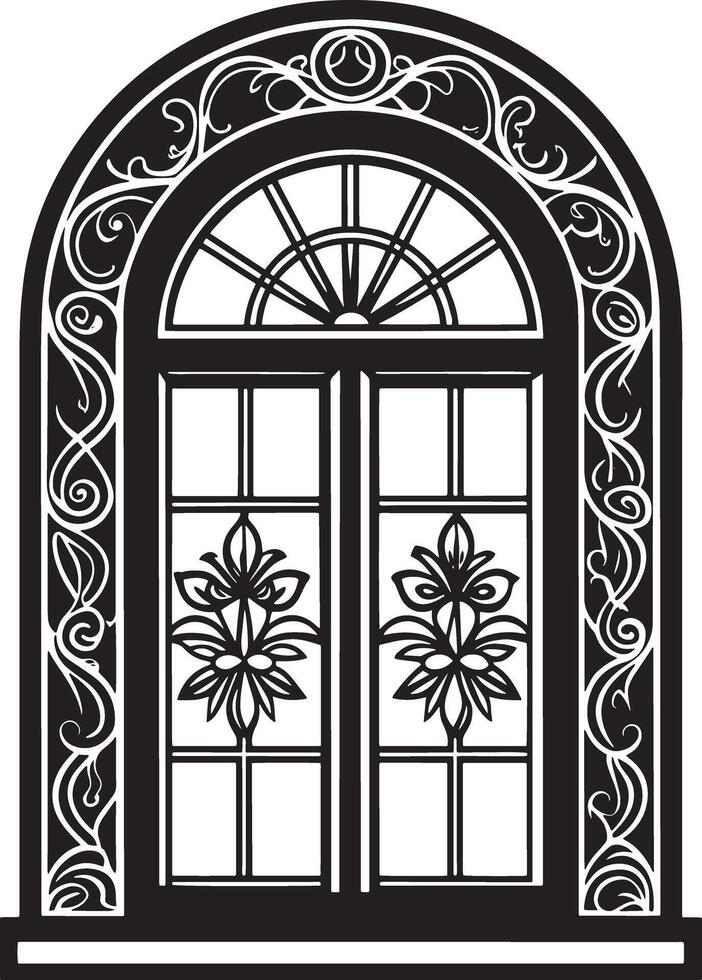 decorative window with flowers black and white illustration vector
