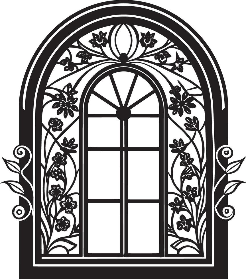 decorative window with flowers black and white illustration vector