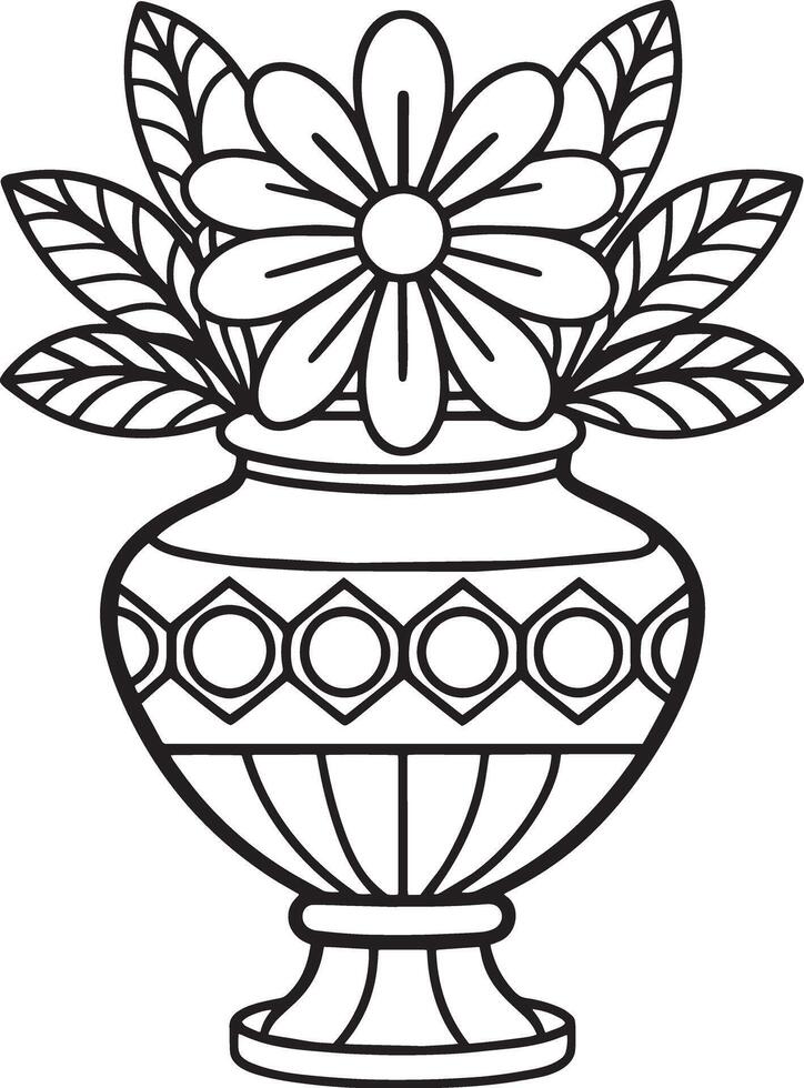 Decorative vase with flowers black and white illustration vector