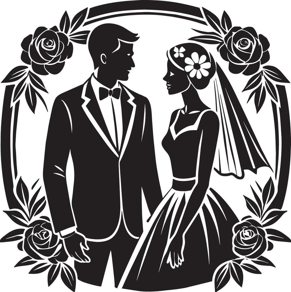 silhouette of bride and groom black and white illustration vector