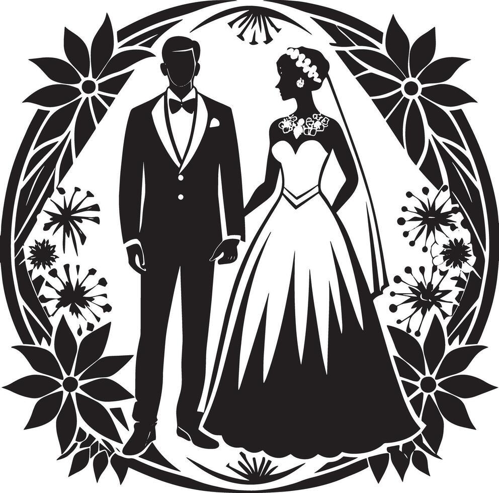 silhouette of bride and groom black and white illustration vector