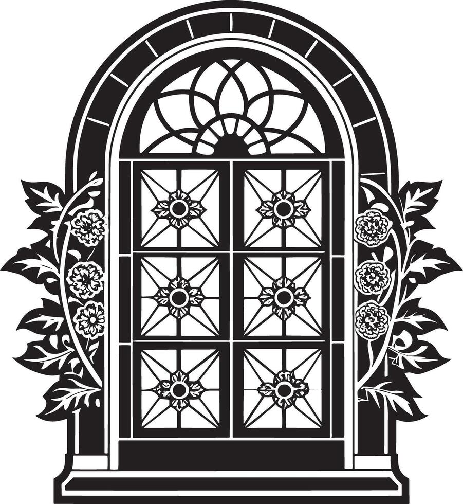 decorative window with flowers black and white illustration vector