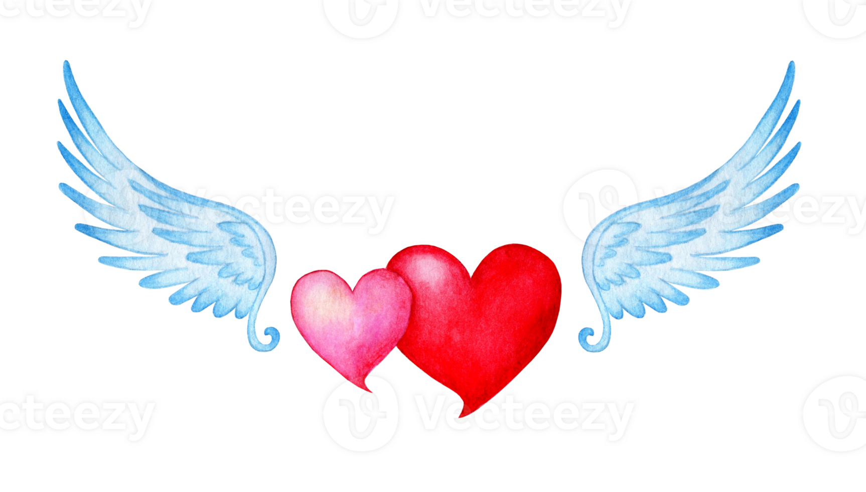 Watercolor illustration of two hearts pink and red with angel wings. Valentine's day, wedding, love symbol. Isolated. Drawn by hand. png