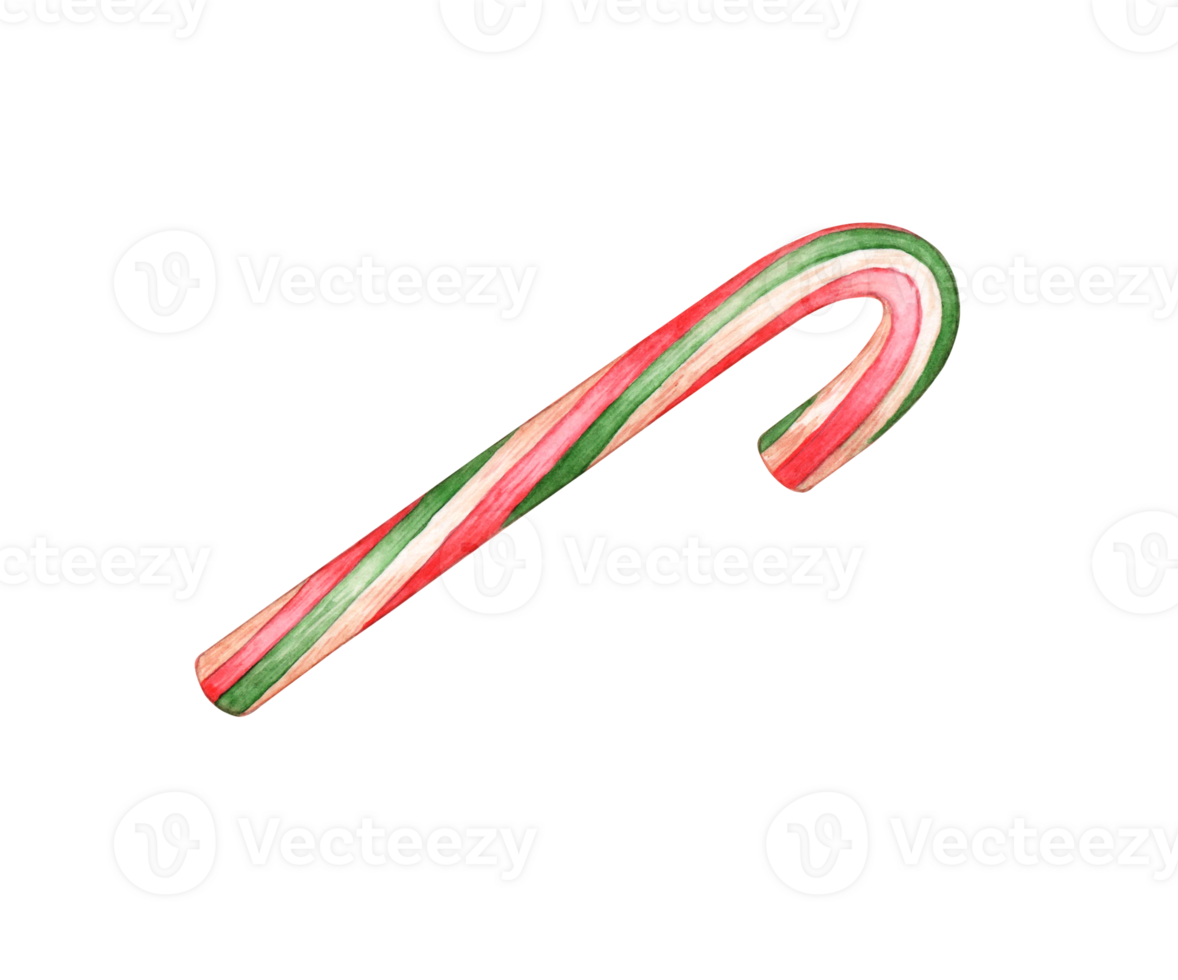 Candy in the shape of a candy cane, sweetness in bright and festive colors of red, white, green stripes watercolor illustration. Isolated from the background. For Christmas, New Year, holidays png