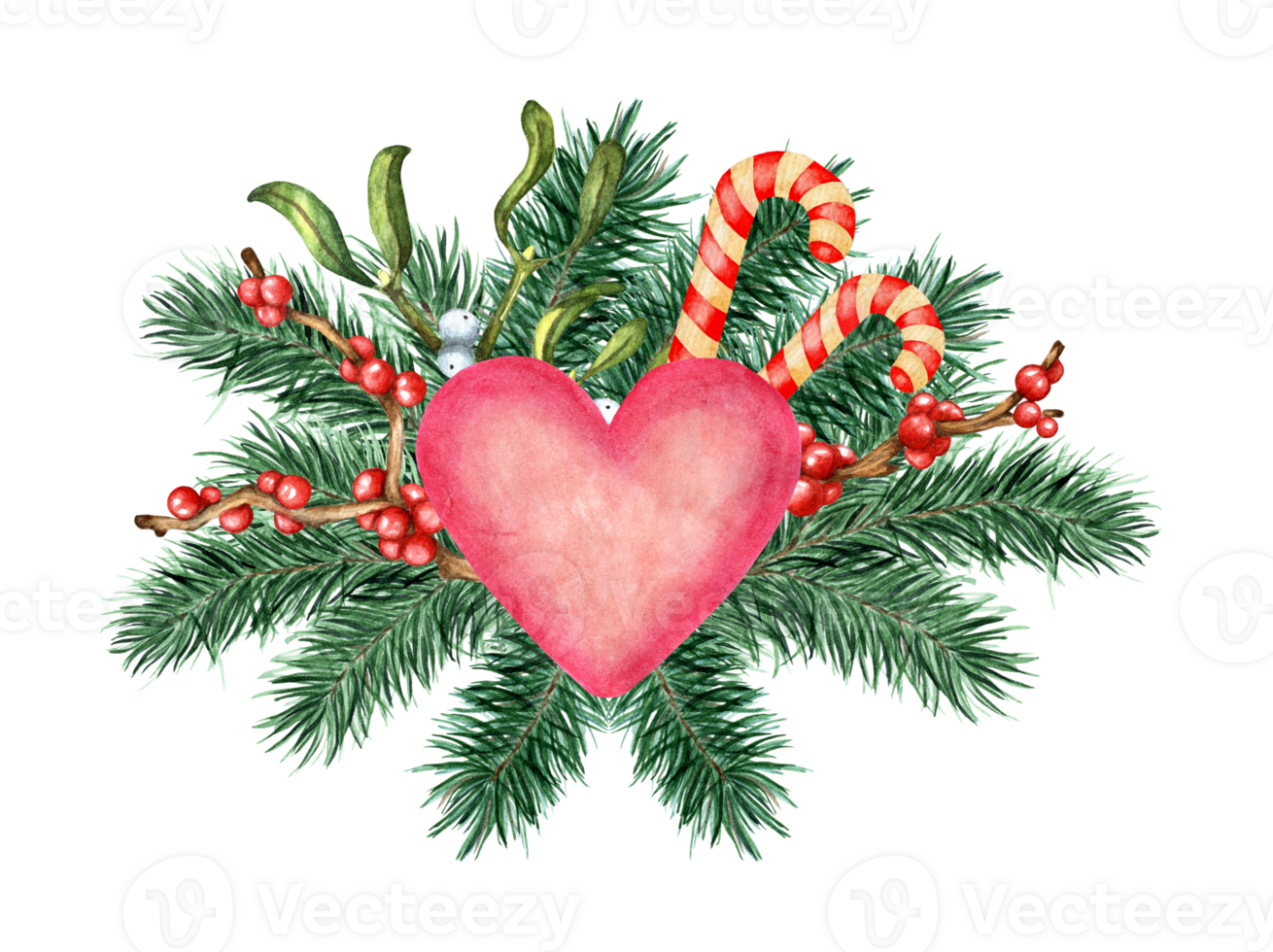 Watercolor illustration of a pink heart decorated with fir branches, holly branches, ilex, mistletoe and candy canes. Decor for Christmas, New Years and Valentine's Day. Isolated. Drawn by hand. png
