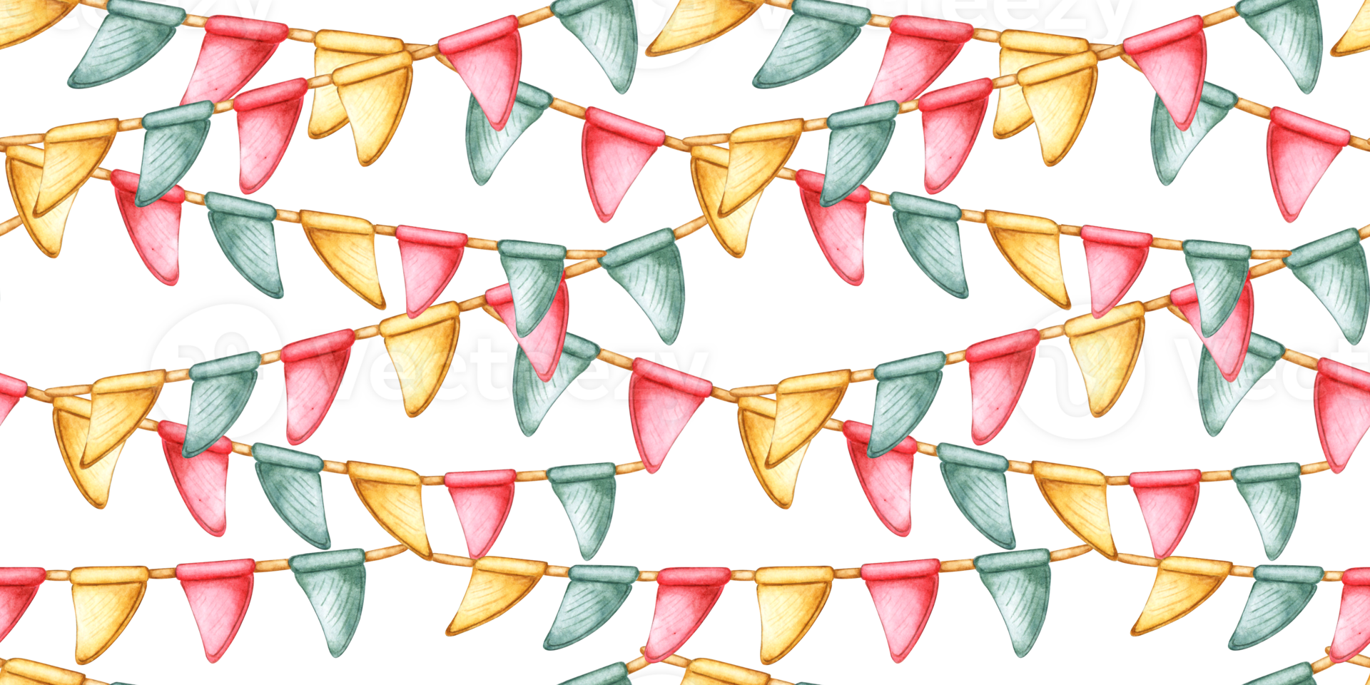 Triangular flags of yellow, red and green colors, garland on a string pattern watercolor illustration. Isolated from background for universal use in greetings, invitations, decor and advertising. png