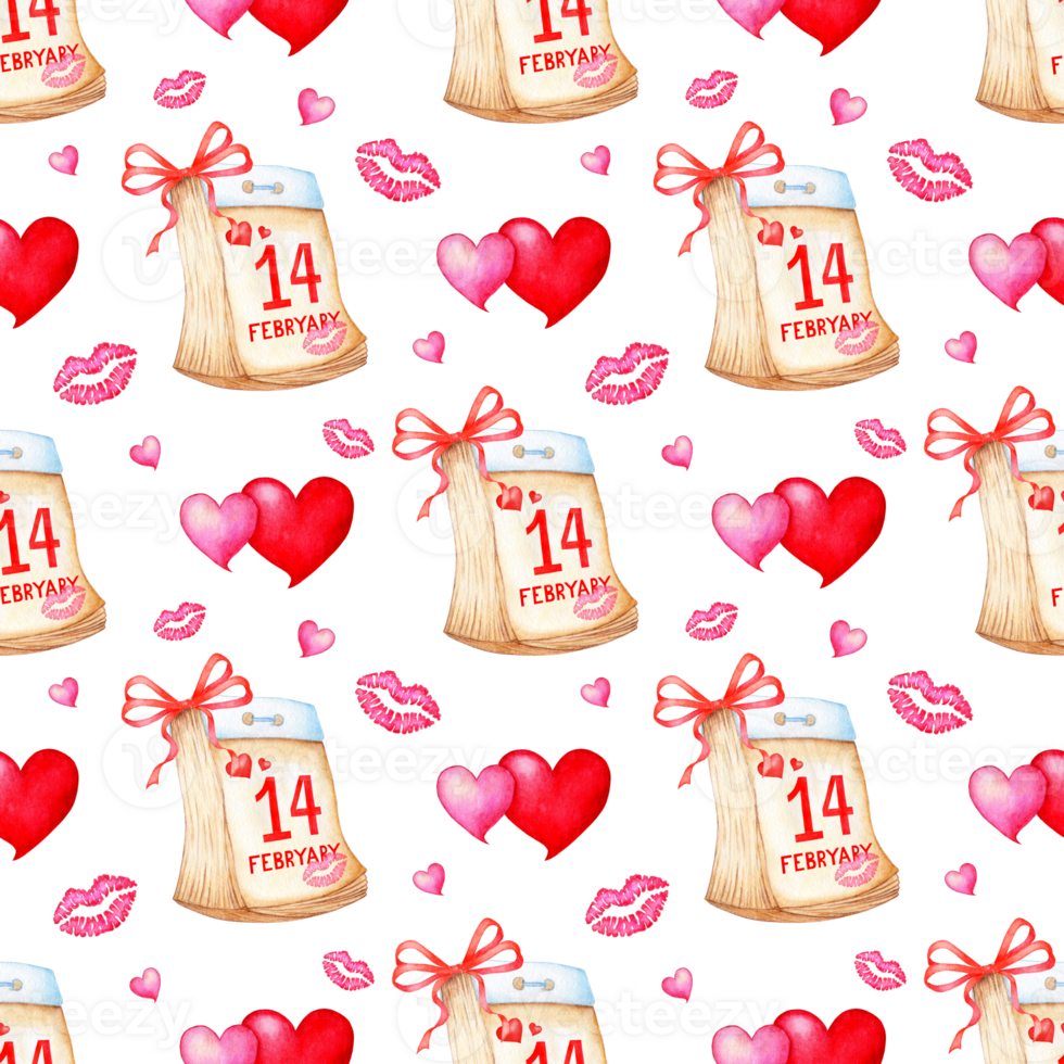 Watercolor painting pattern calendar with bow, hearts and kisses. Seamless repeating Valentine's Day print. Isolated. Drawn by hand. png