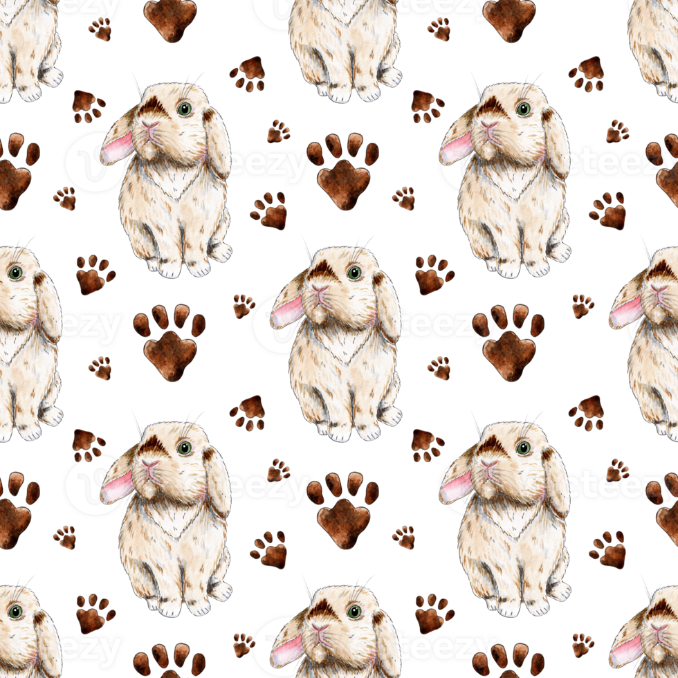 Watercolor painting pattern rabbit and paw prints. Cute pet bunny. Seamless repeating print for home decor or kids textiles. Isolated. Drawn by hand. png