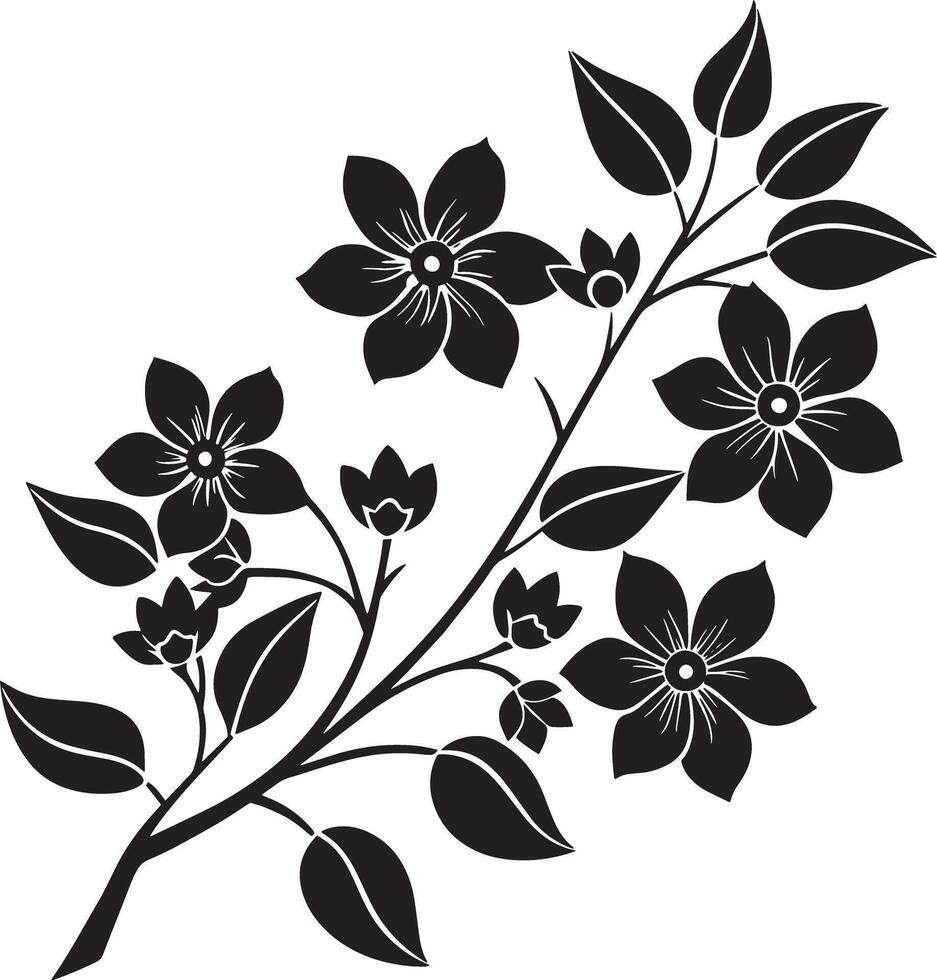 Minimal blooming floral branch silhouette illustration white background vector