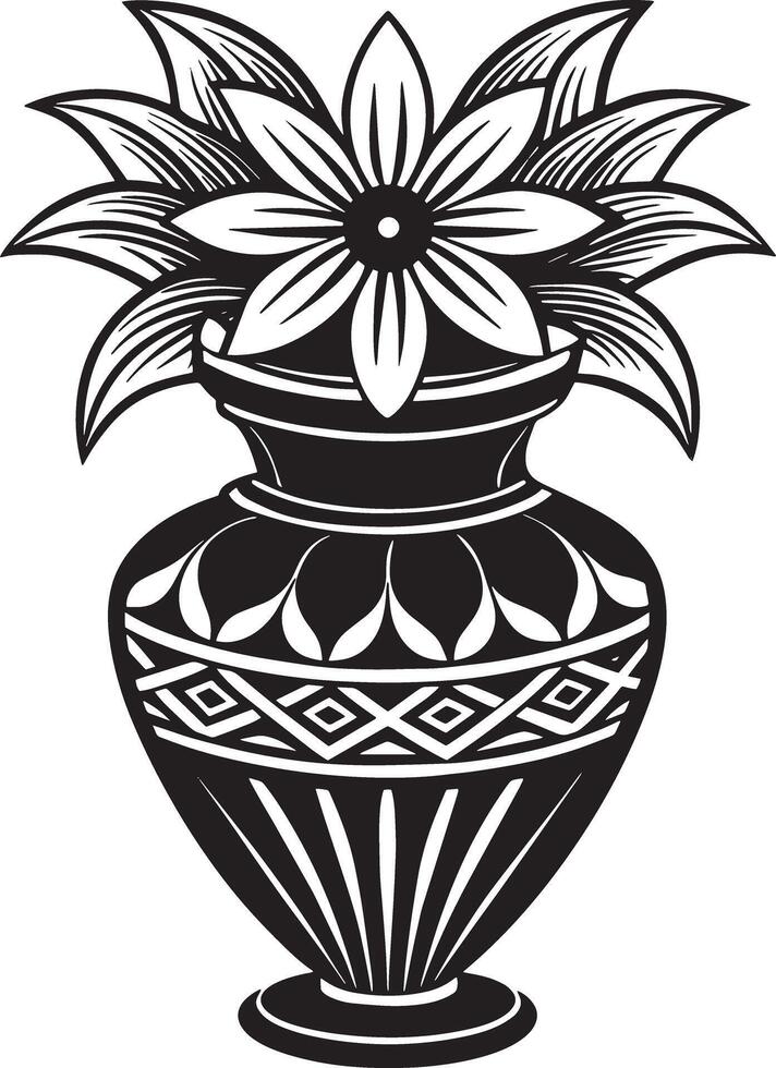 Decorative vase with flowers black and white illustration vector