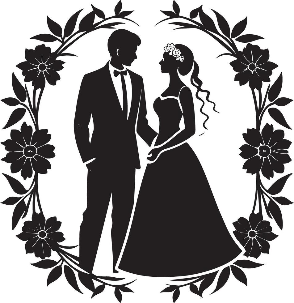 silhouette of bride and groom black and white illustration vector