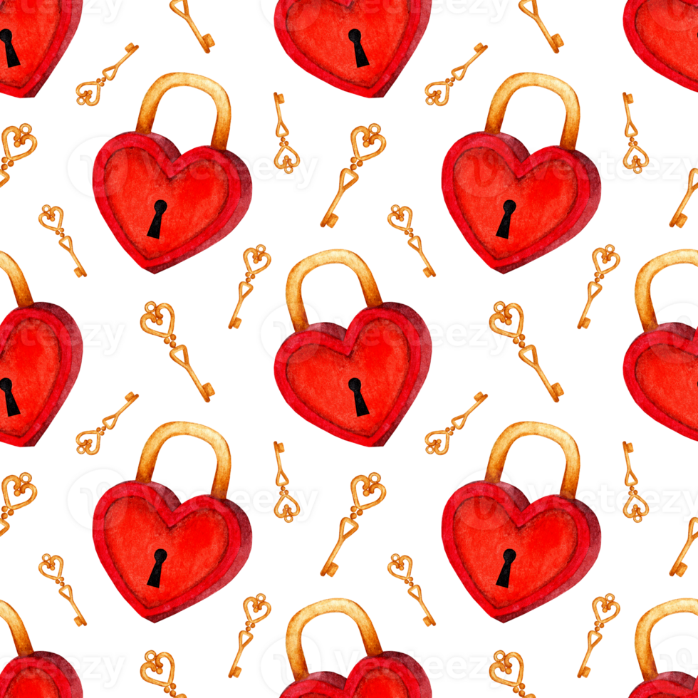 Stylish watercolor pattern for Valentine's Day. An abstract composition of elements that express love. Red closed lock and gold key. Isolated. Drawn by hand. png