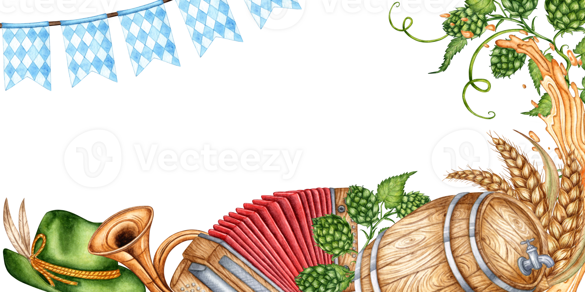 Oktoberfest banner isolated on background watercolor illustration. Traditional holiday elements Bavarian hat, beer mug, barrel, accordion, goon, holiday flags, wheat, hop leaves and beer splashes. png