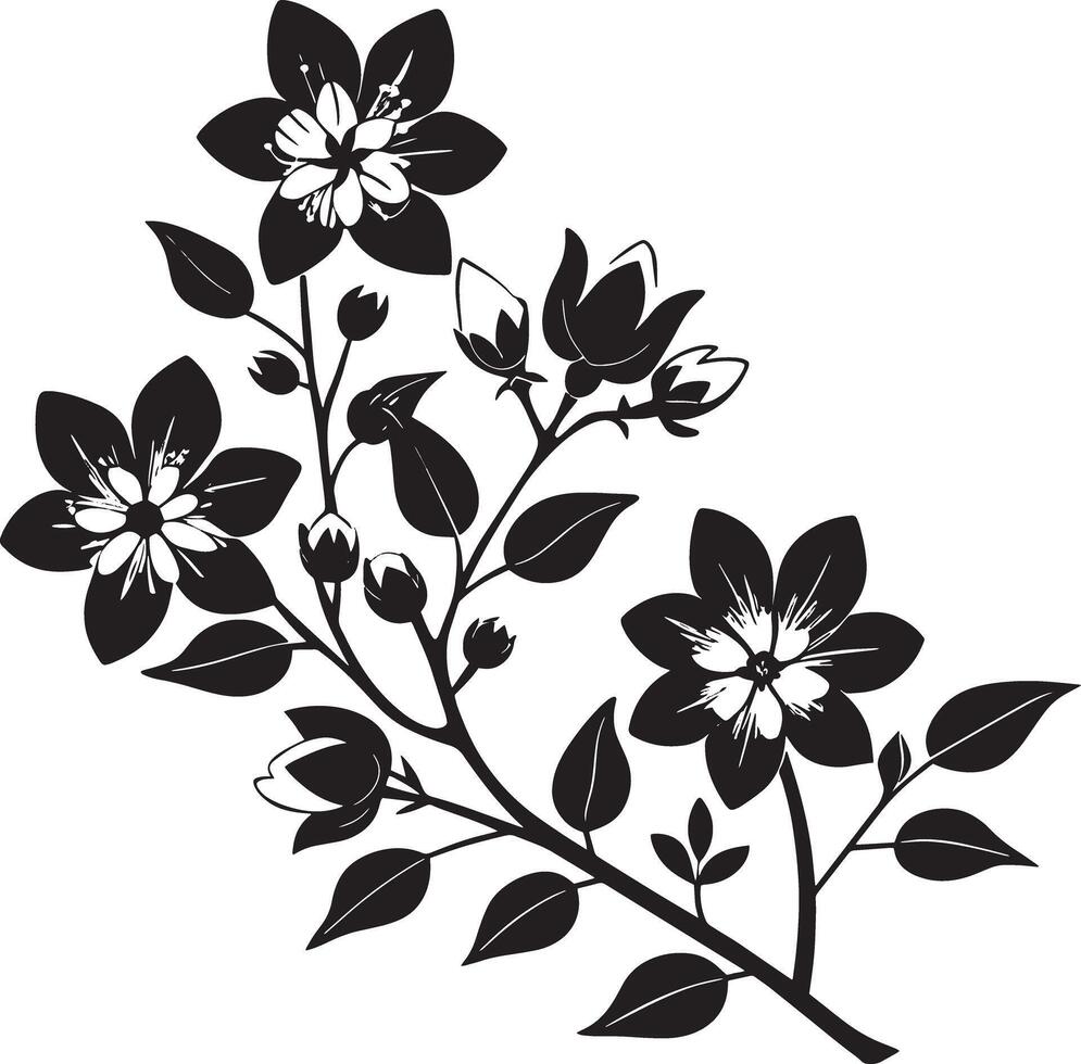 Minimal blooming floral branch silhouette illustration white background vector