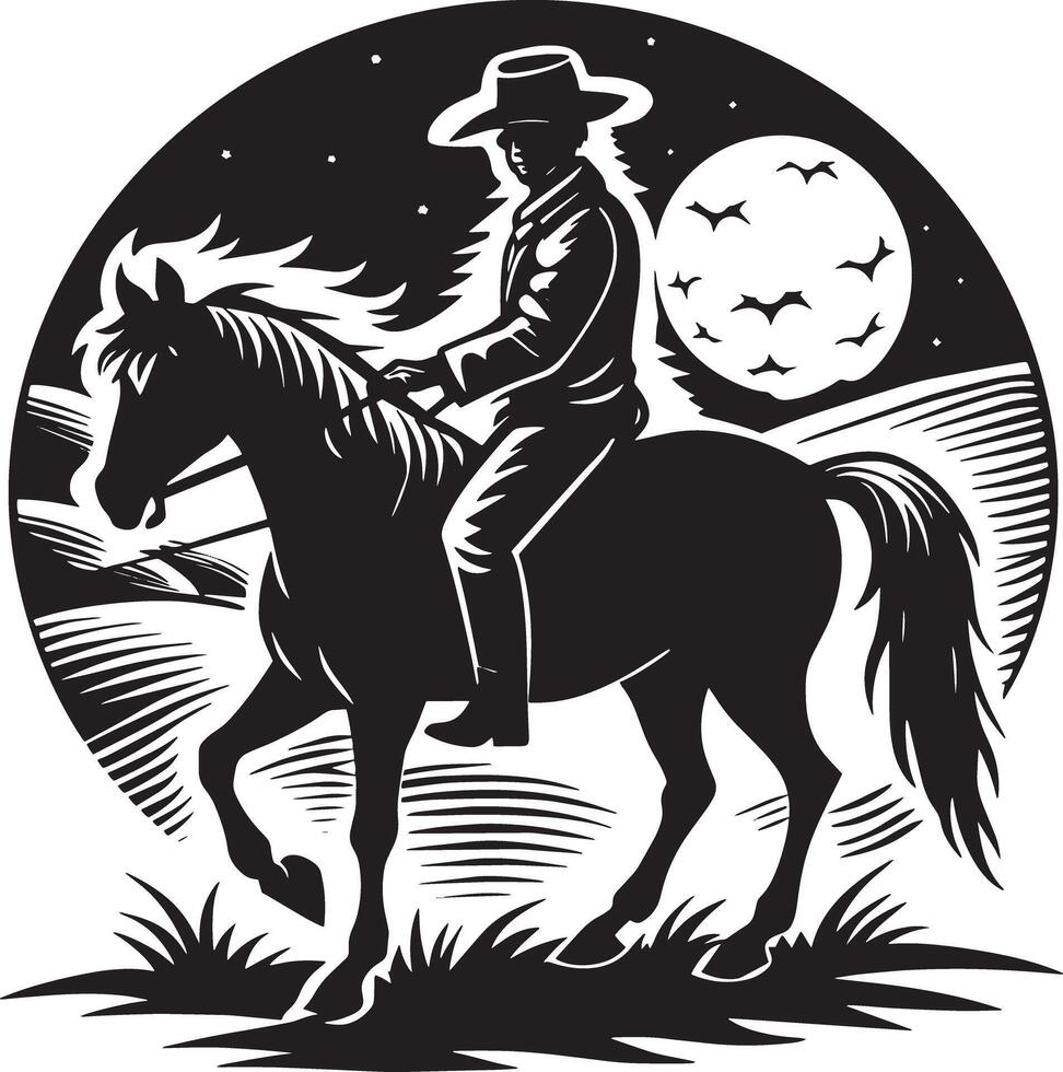 a black and white image of a cowboy on a horse. black and white illustration vector