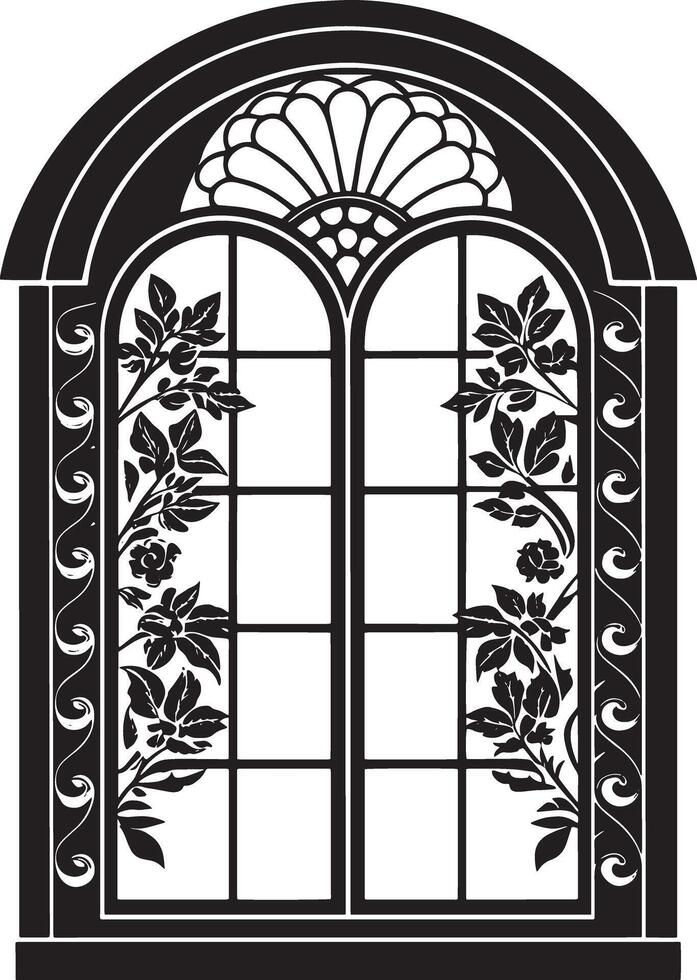 decorative window with flowers black and white illustration vector