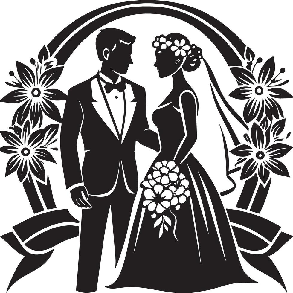 silhouette of bride and groom black and white illustration vector