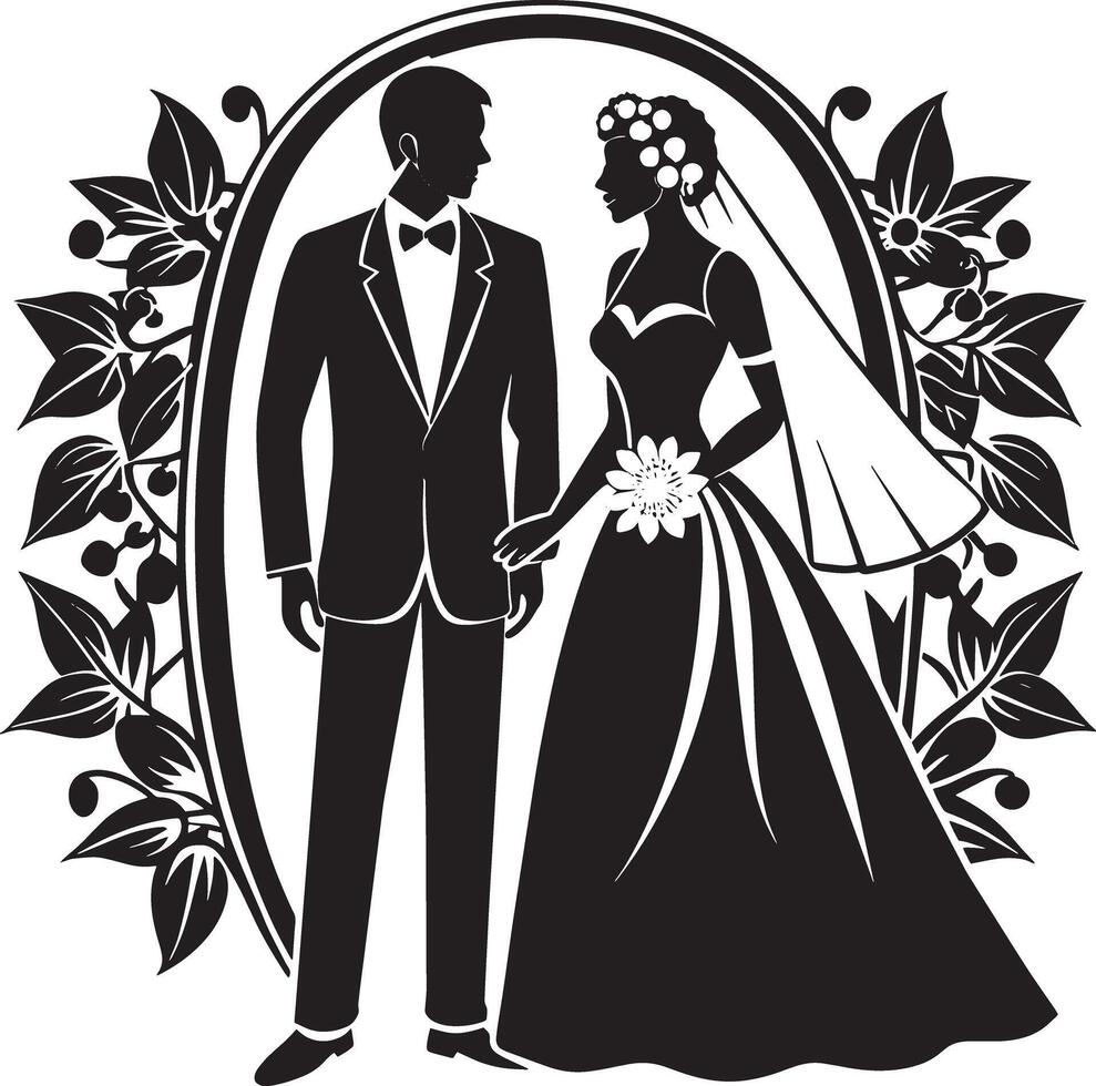 silhouette of bride and groom black and white illustration vector