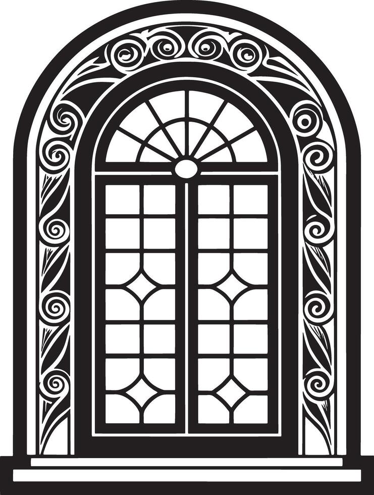 decorative window with flowers black and white illustration vector